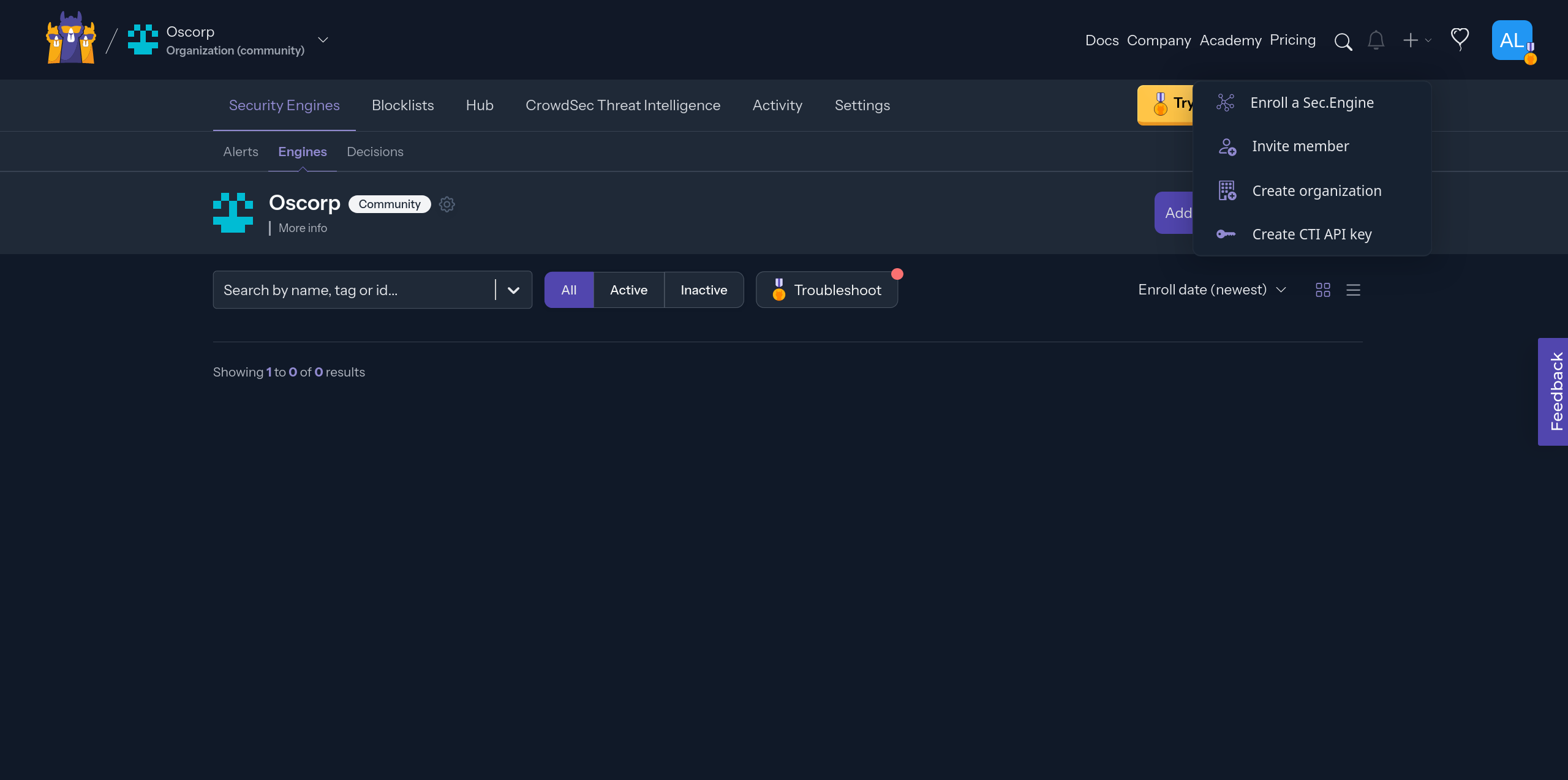 CrowdSec Create API Key Dropdown